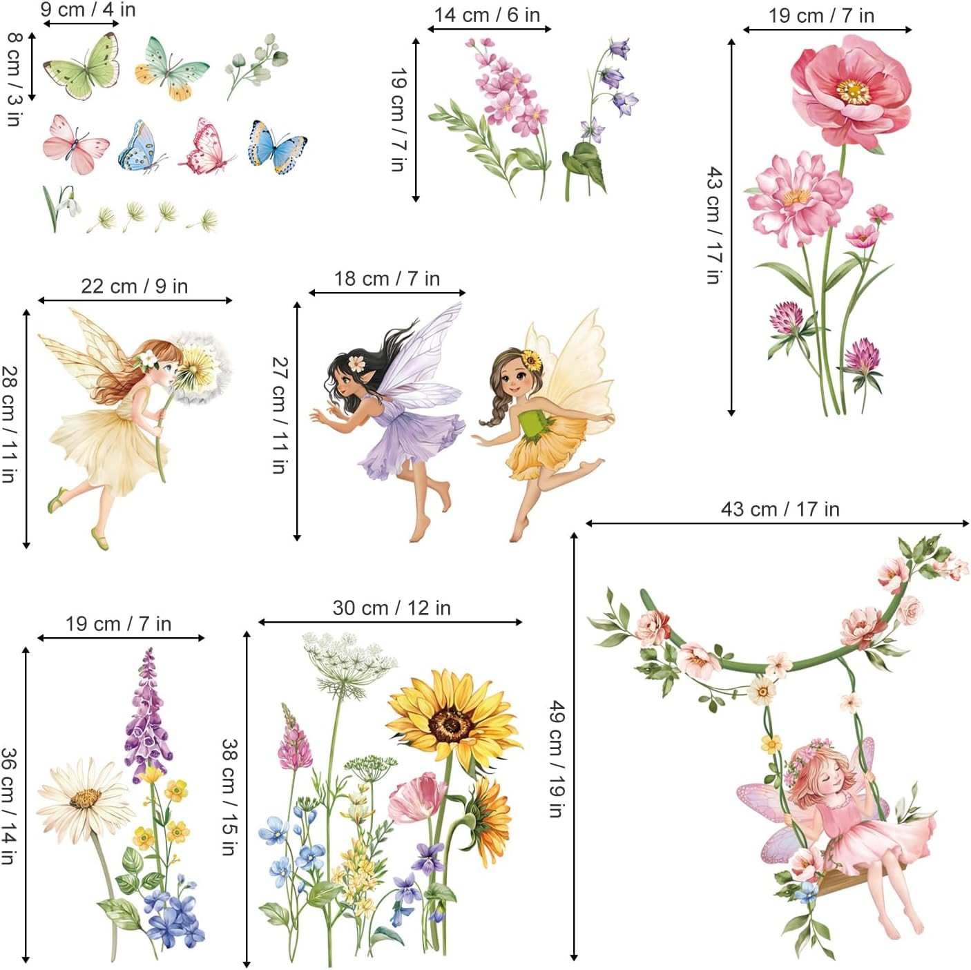 Flower Fairy Wall Decals Butterfly Girl with Wildflower Sunflower Wall Sticke…