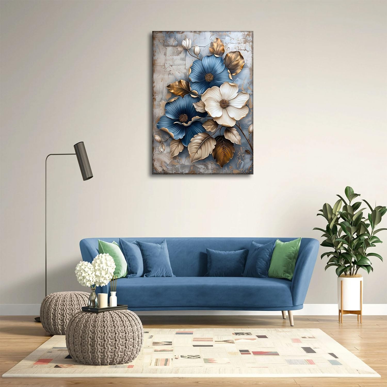 Modern Floral Canvas Wall Art Blue and White Flower Market Wall Decor Picture…