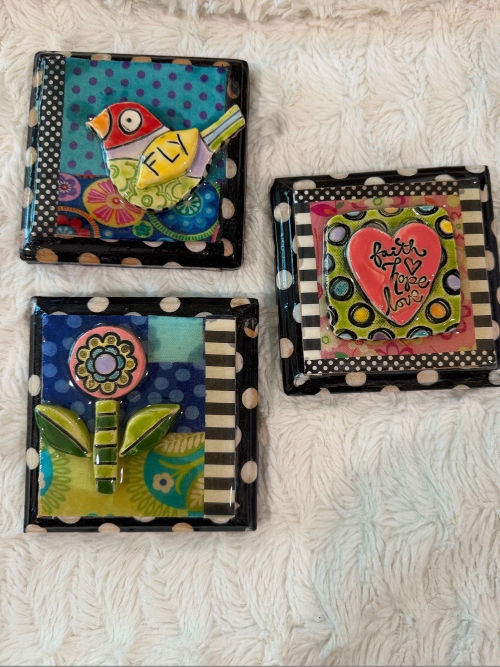 Colorful Ceramic Wall Accent Tiles – Bird, Flower & Heart Set of 3