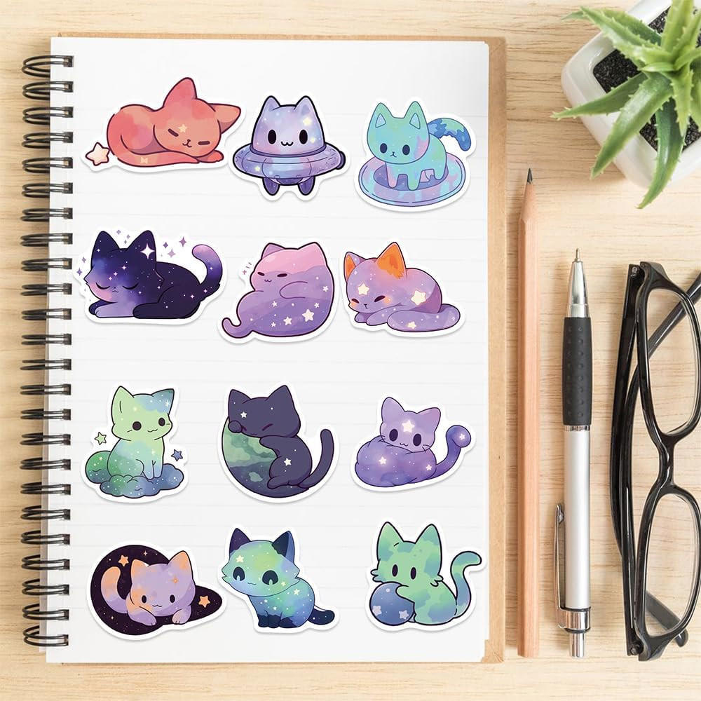 Cute Night Sky Cats Stickers for Kids Teens Adults, 50Pcs Cool Rainbow Starry Sk