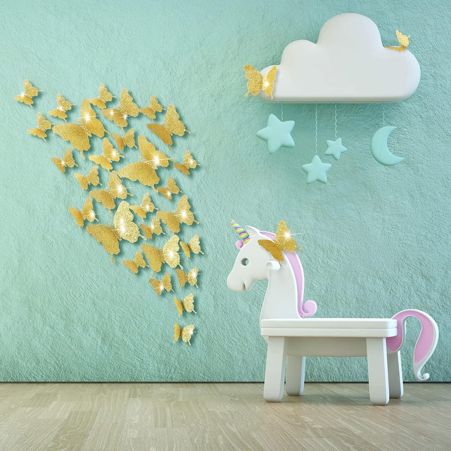 Elegant 48-Piece DIY Glitter Gold Mirror Butterfly Decals – Perfect for Any Room