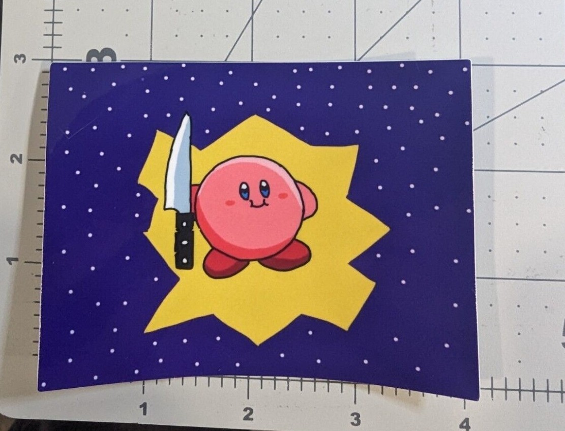'Korbie' holding a knife! die-cut sticker, waterproof, UV resist two styles Kirb
