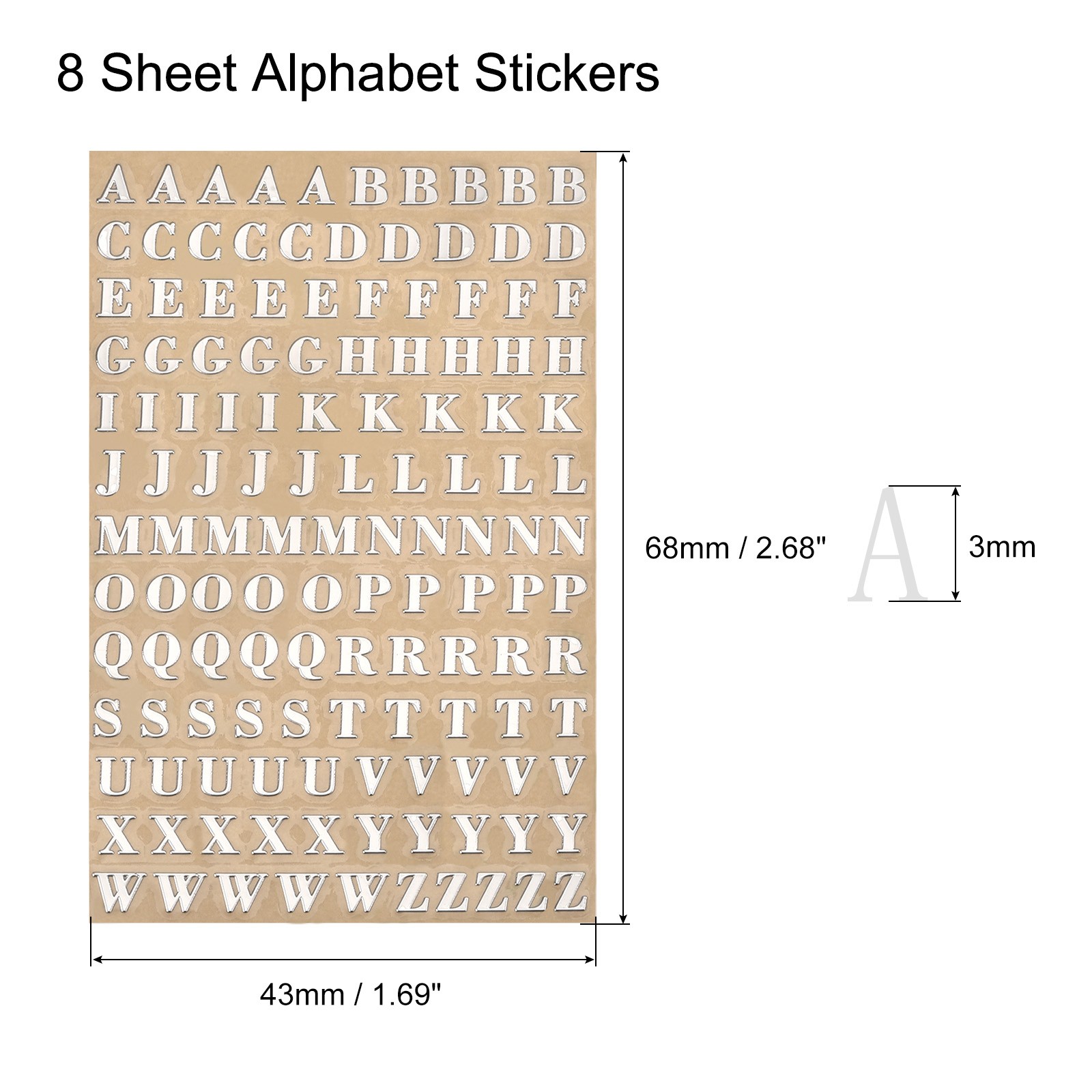 Letter Resin Stickers 8 Sheets Alphabet Sticker Glitter Uppercase Silver 3mm