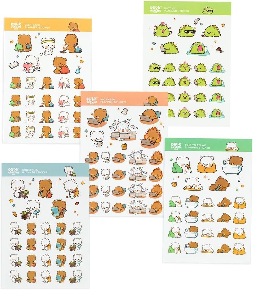 Milkmochabear 5-Pack Planner Sticker Sheets 250 Stickers Milk Mocha Matcha 2024