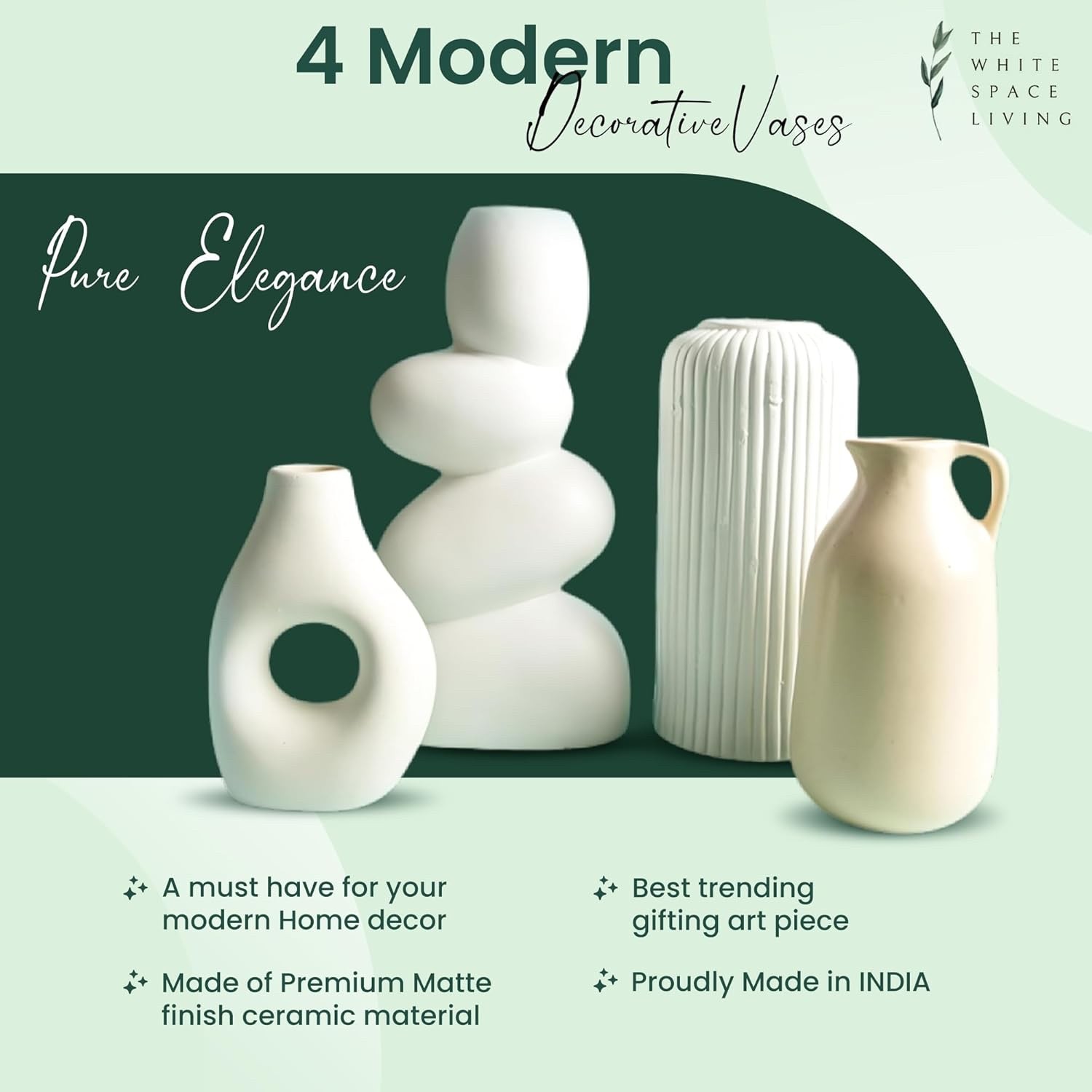 Set of 4 Ceramic Vases for Home Decor | White & Beige Modern Minimalist Vase Set