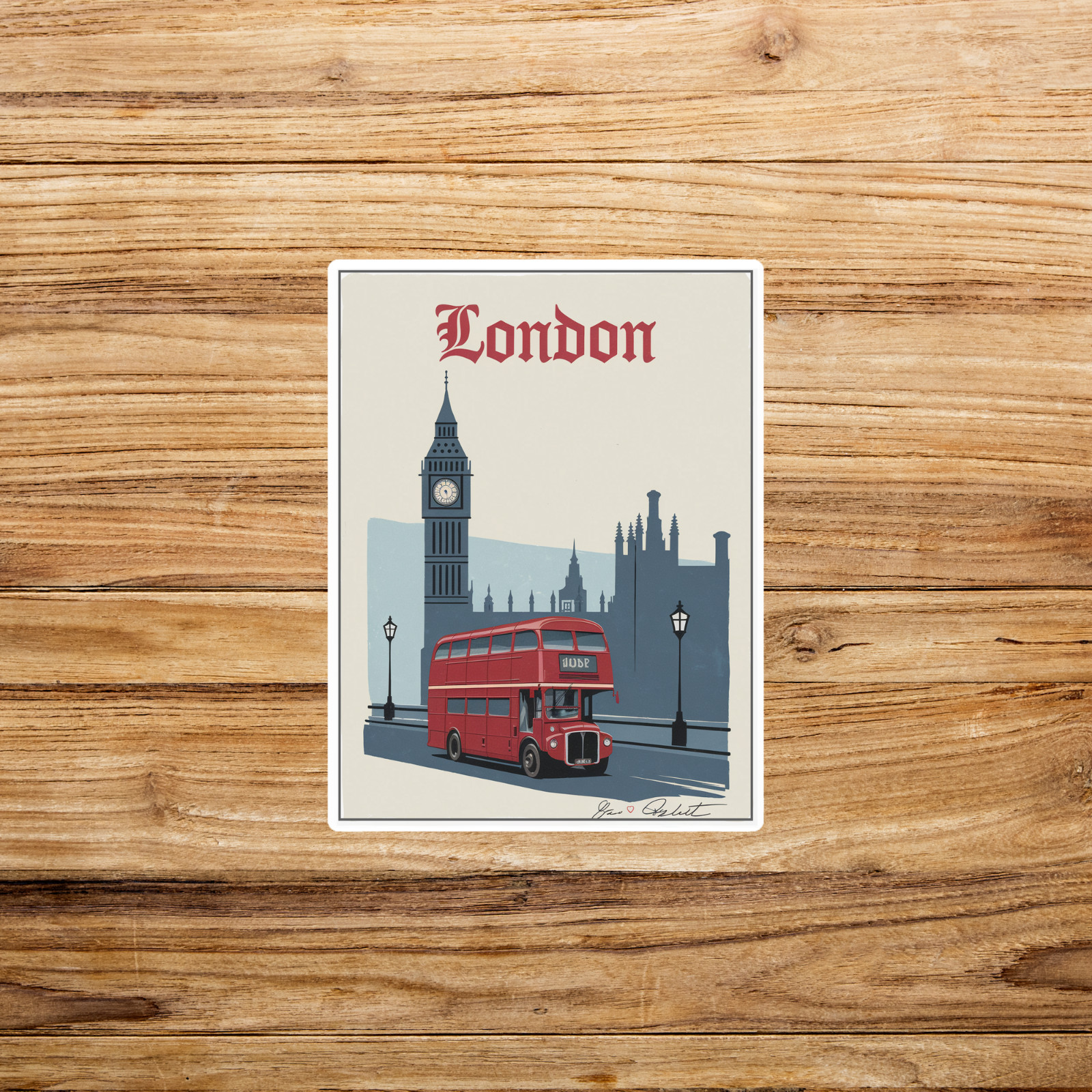 Vintage London Travel sticker Art Print – Red Double Decker Bus & Big Ben #3118