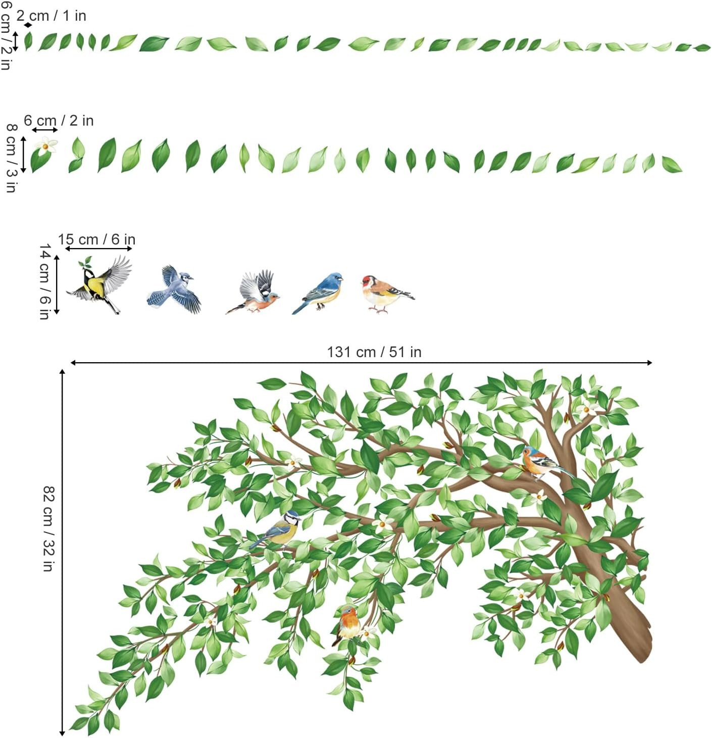 Large Green Tree Branch Wall Decals Green Leaves Floral Wall Stickers Bedroom Li