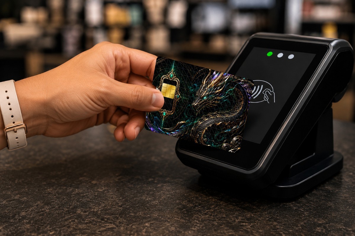 Dragon Card Skin for Credit/Debit Card – Black Gold Emerald Fantasy Chip Sticker