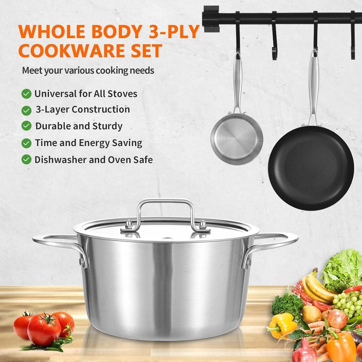 Tri-Ply 3 Quarts Stainless Steel Induction Cooking Pot,Small Stock Pot,Sauce Pot