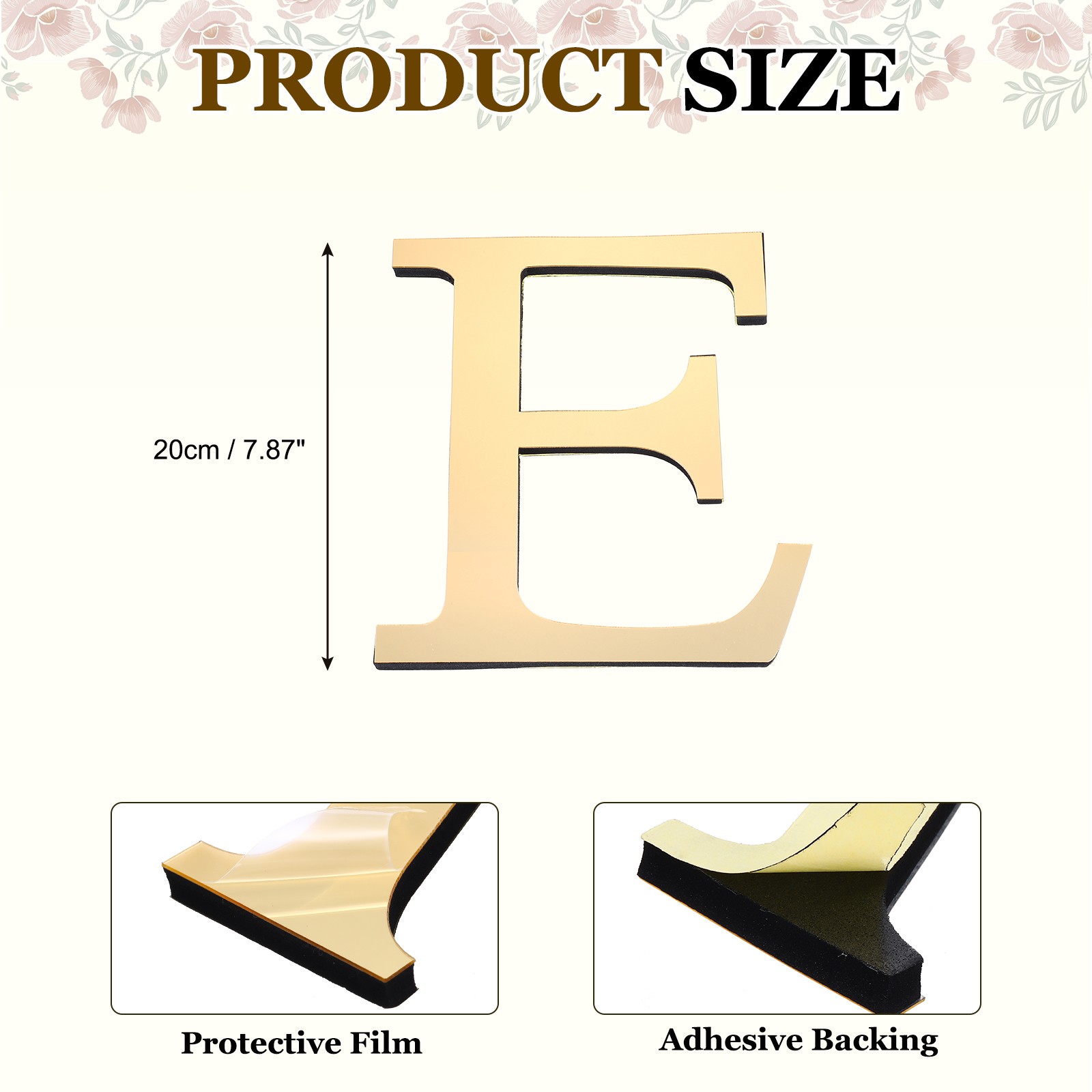 7.87 Inch 3D Acrylic Alphabet Mirror Wall Stickers Letter E Light Gold