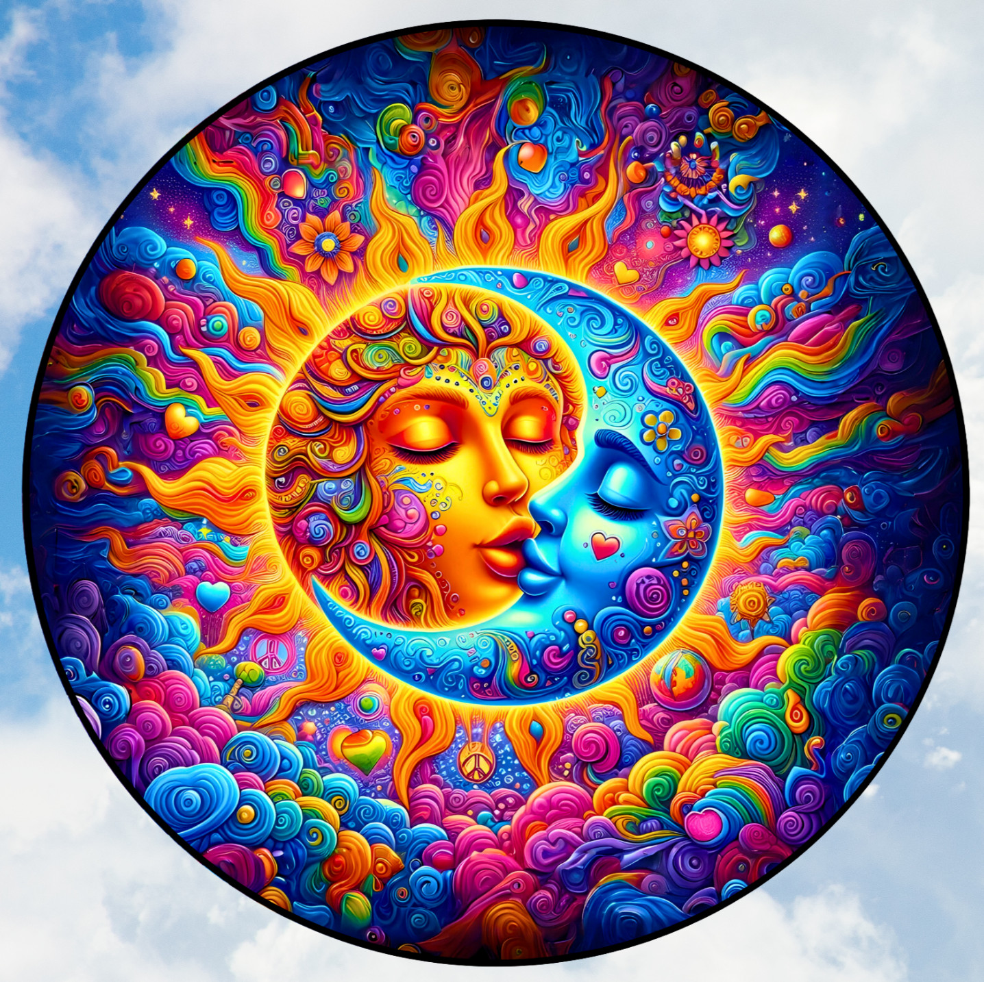 Sun & Moon Kiss Faux Stained-Glass WINDOW CLING Sun-catcher Size 8" Round Vinyl