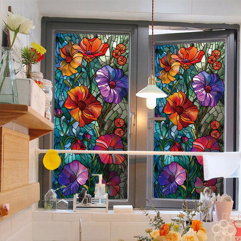 Flower Stained Glass Window Film Privacy Frosted Glass Film Static Cling Sticker