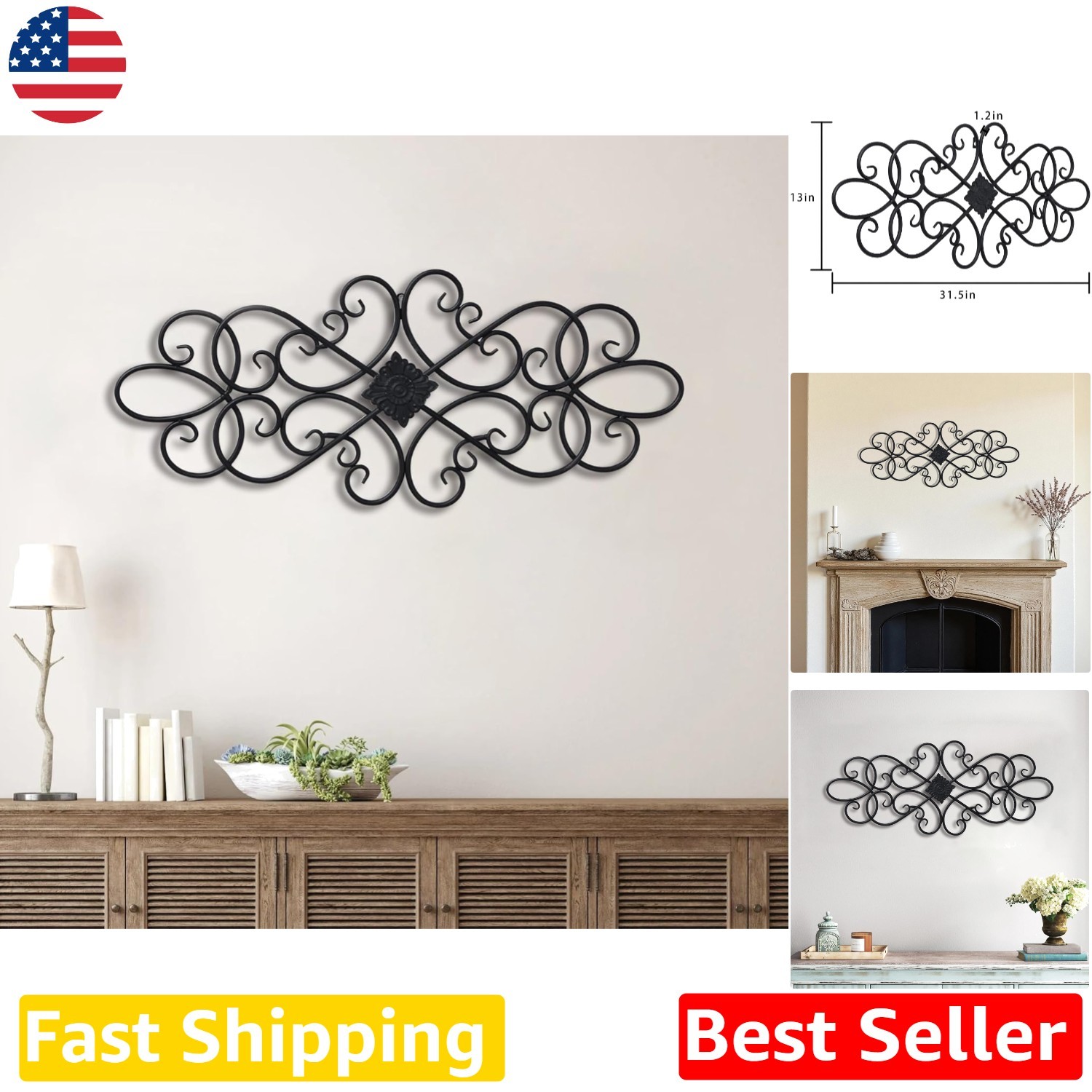 Farmhouse Black Wrought Iron Wall Art 32" – Distressed Scroll Metal Decor Plaque