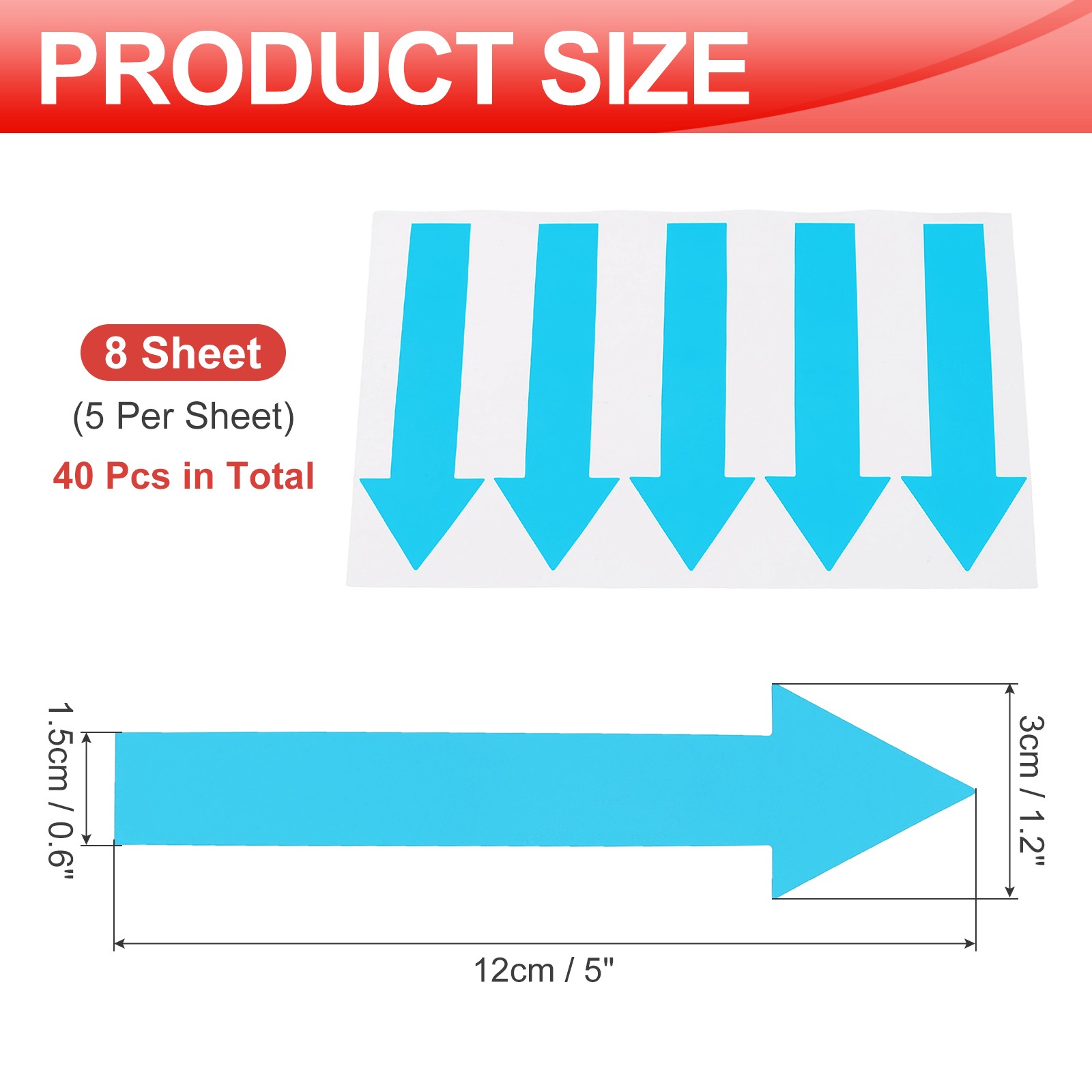 Arrow Sticker, (5×1.2 Inch, Sky Blue) (40 Pcs), Waterproof Arrow Sign Sticker