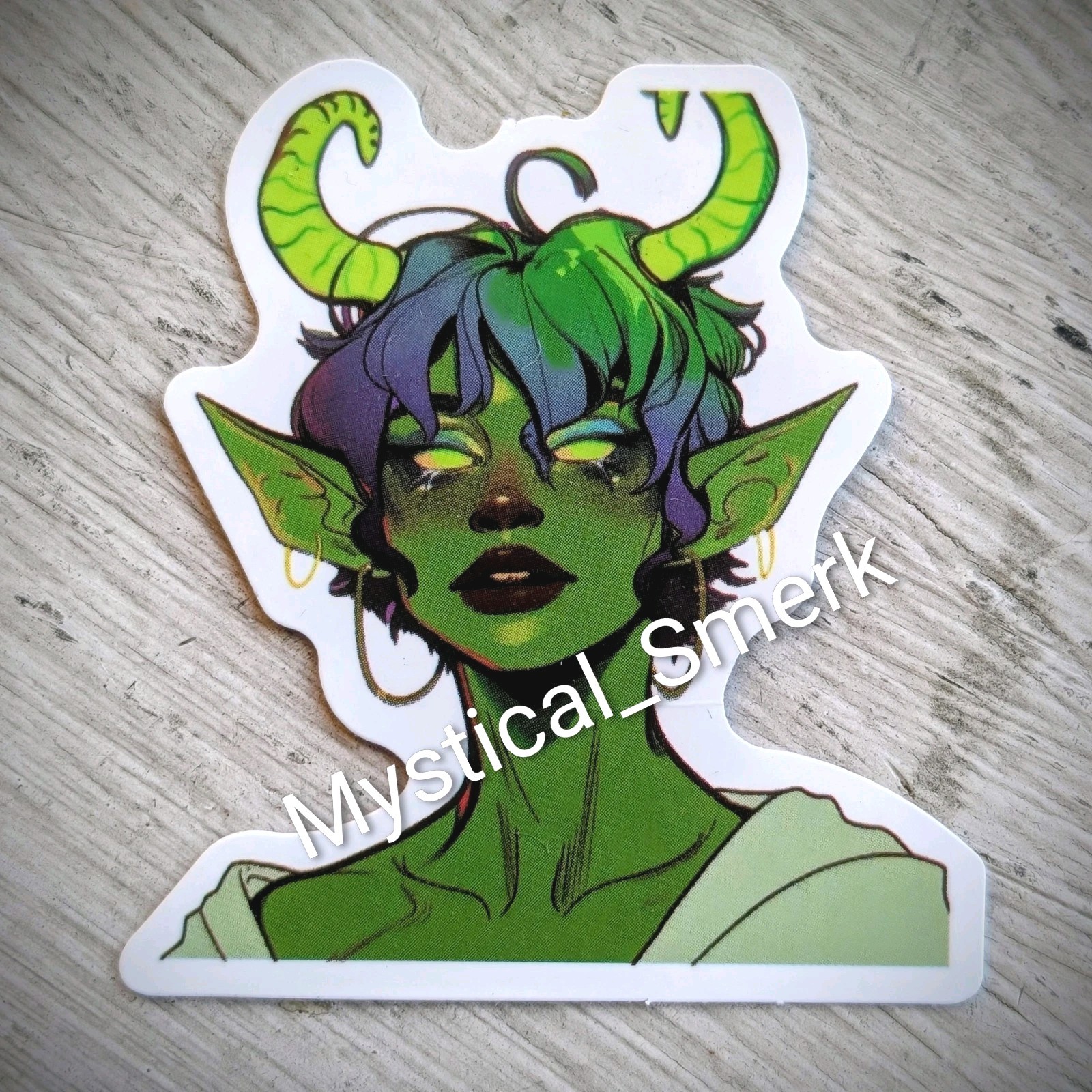 Haunted Active Spirit Demon Girl With Horns Shy Green Elf Sticker No2
