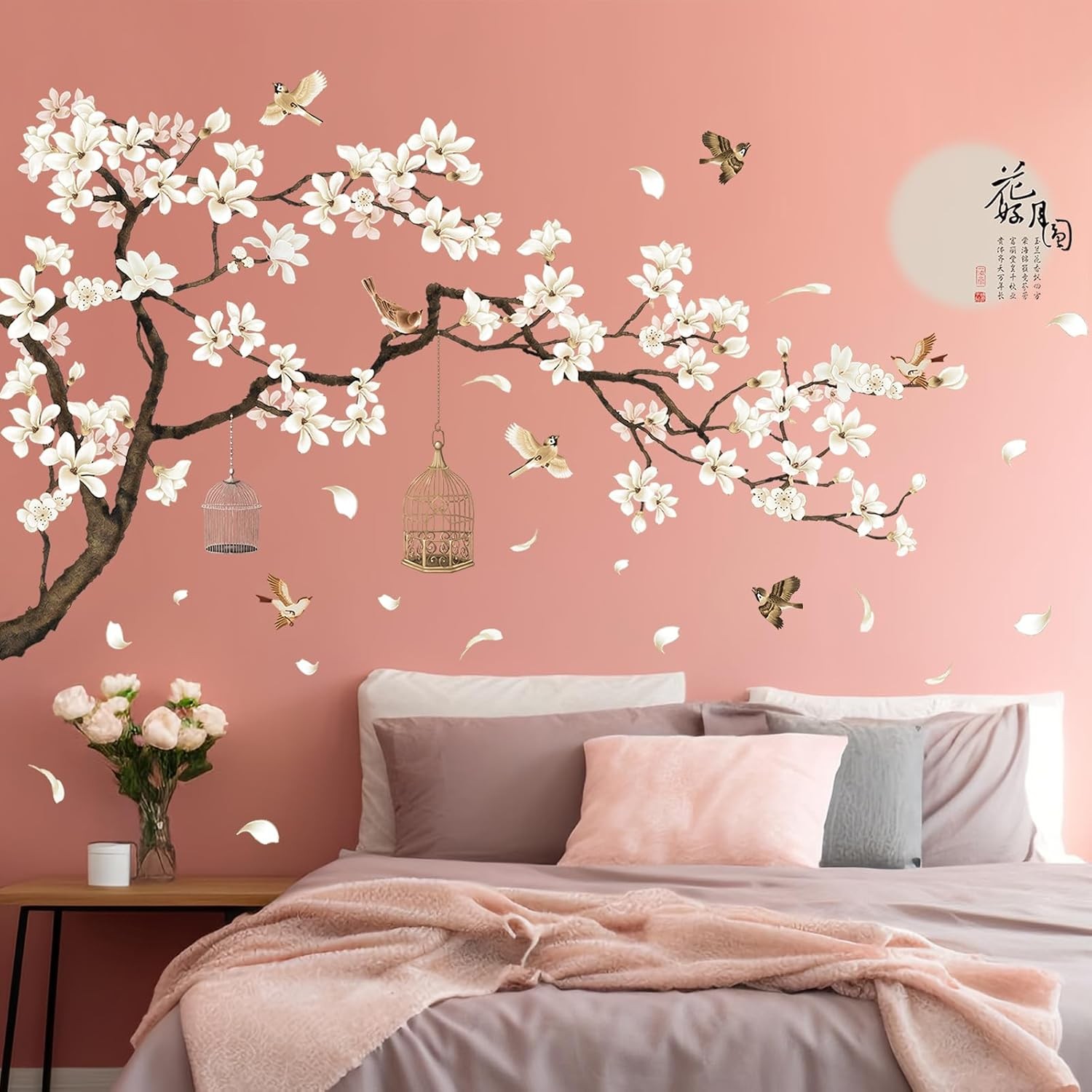 Chinese Style Wall Decals White Flowers Black Tree & Birds, Removable DIY Wall