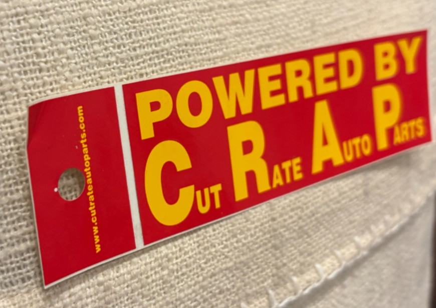 Powered By CRAP Sticker! Red and Yellow! Cut Rate Auto Parts! C.R.A.P. ~Rat Rod