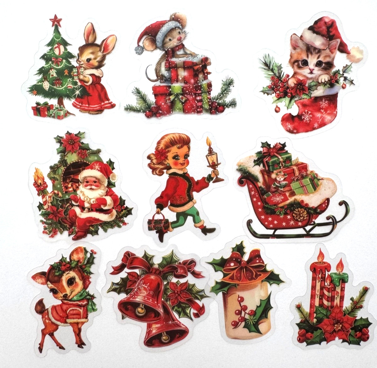 Retro Christmas Stickers Transparent Vinyl Holiday Santa Elf 7pcs Random Mix