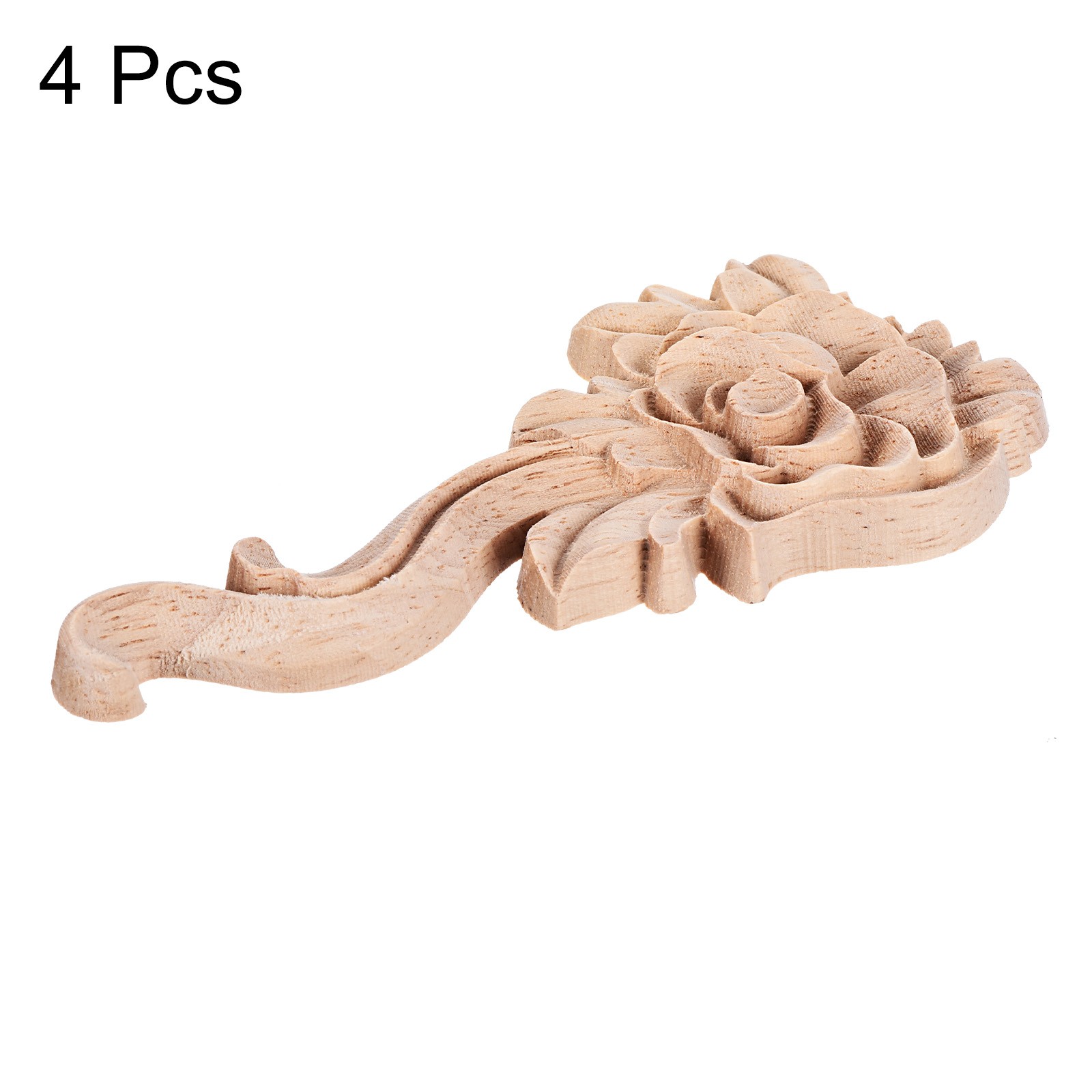 4pcs Rose Shape Wood Appliques for Furniture, 10.5cm Length