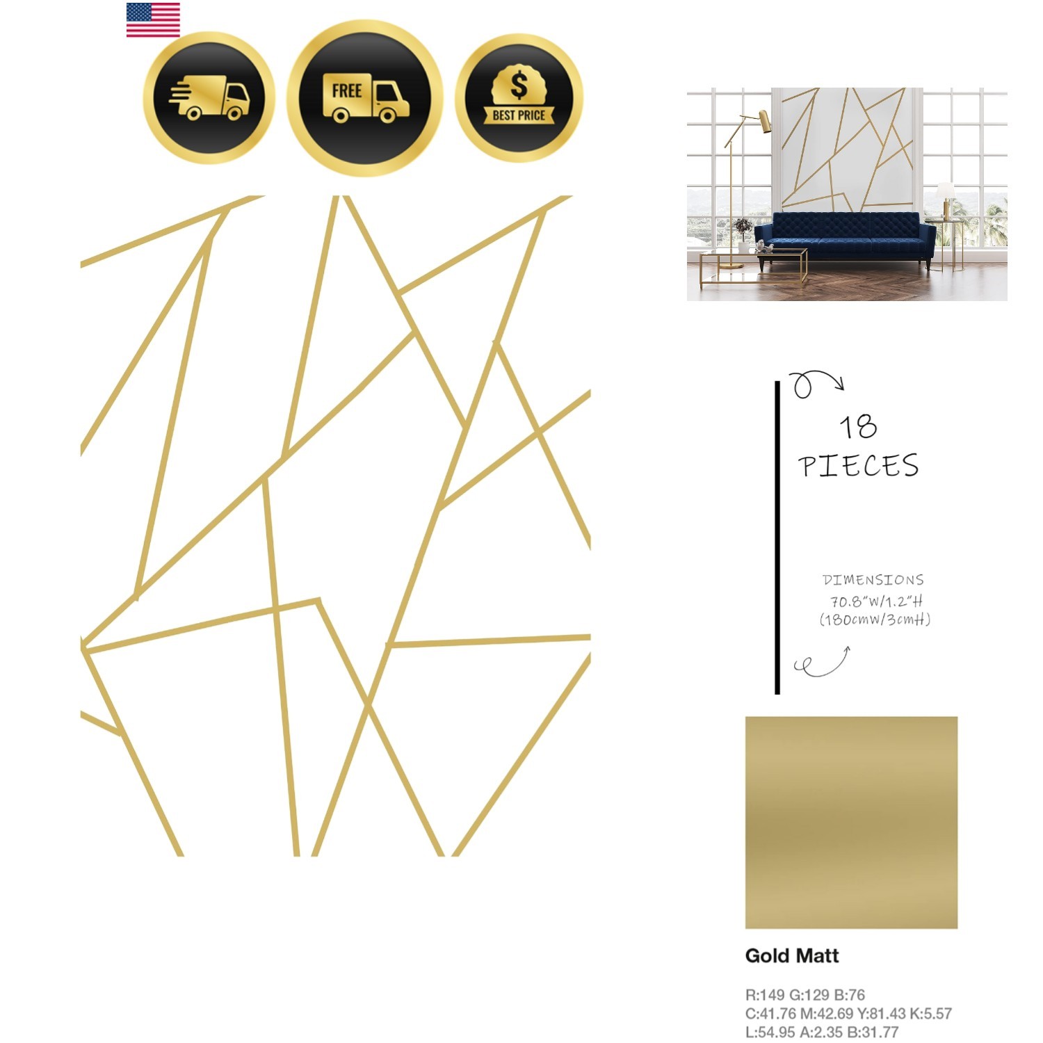 Gold Wall Decal Peel and Stick | Geometric Line Wall Sticker | Metallic Line …