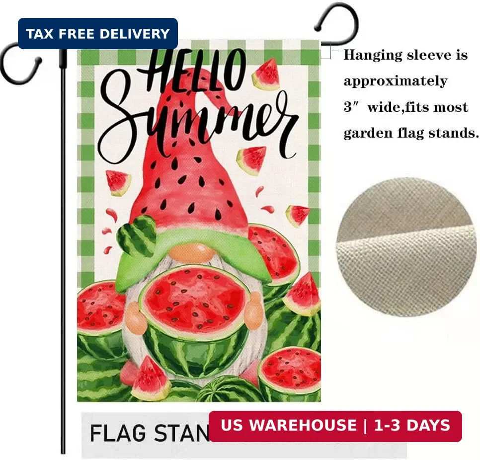 Hello Summer Watermelon House Flag 28 x 40 Inch Summer Gnome Decorative Doubl…