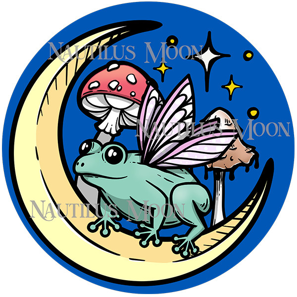 Frog Fairy Crescent Moon Mushrooms Sticker Circle 3" Free Shipping