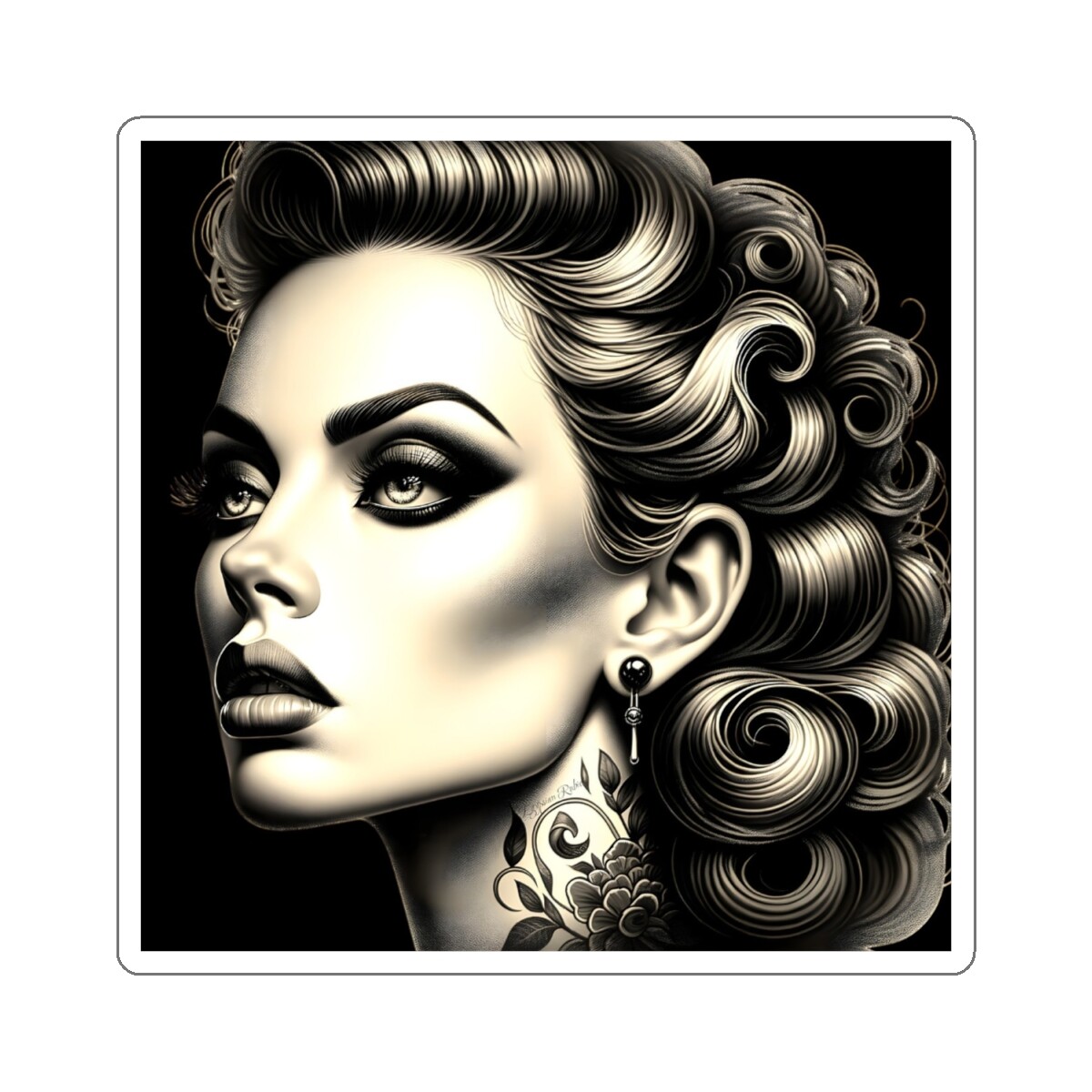 New School Hollywood Tattoo Pinup Portrait in Black Kiss Cut Sticker