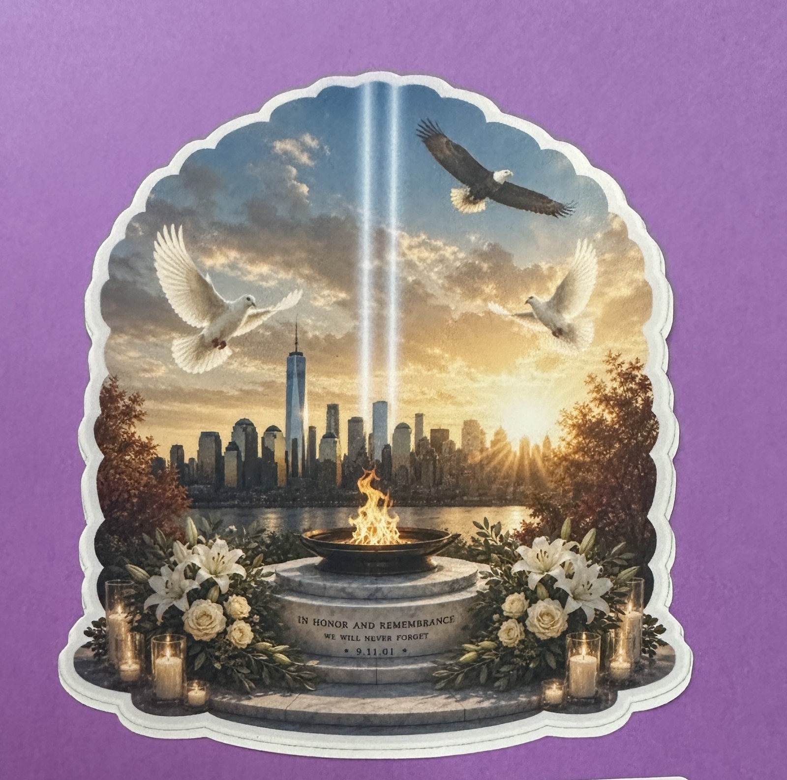 3 in 9/11 Memorial Eternal Flame Sticker Tribute in Light Never Forget Patriotic