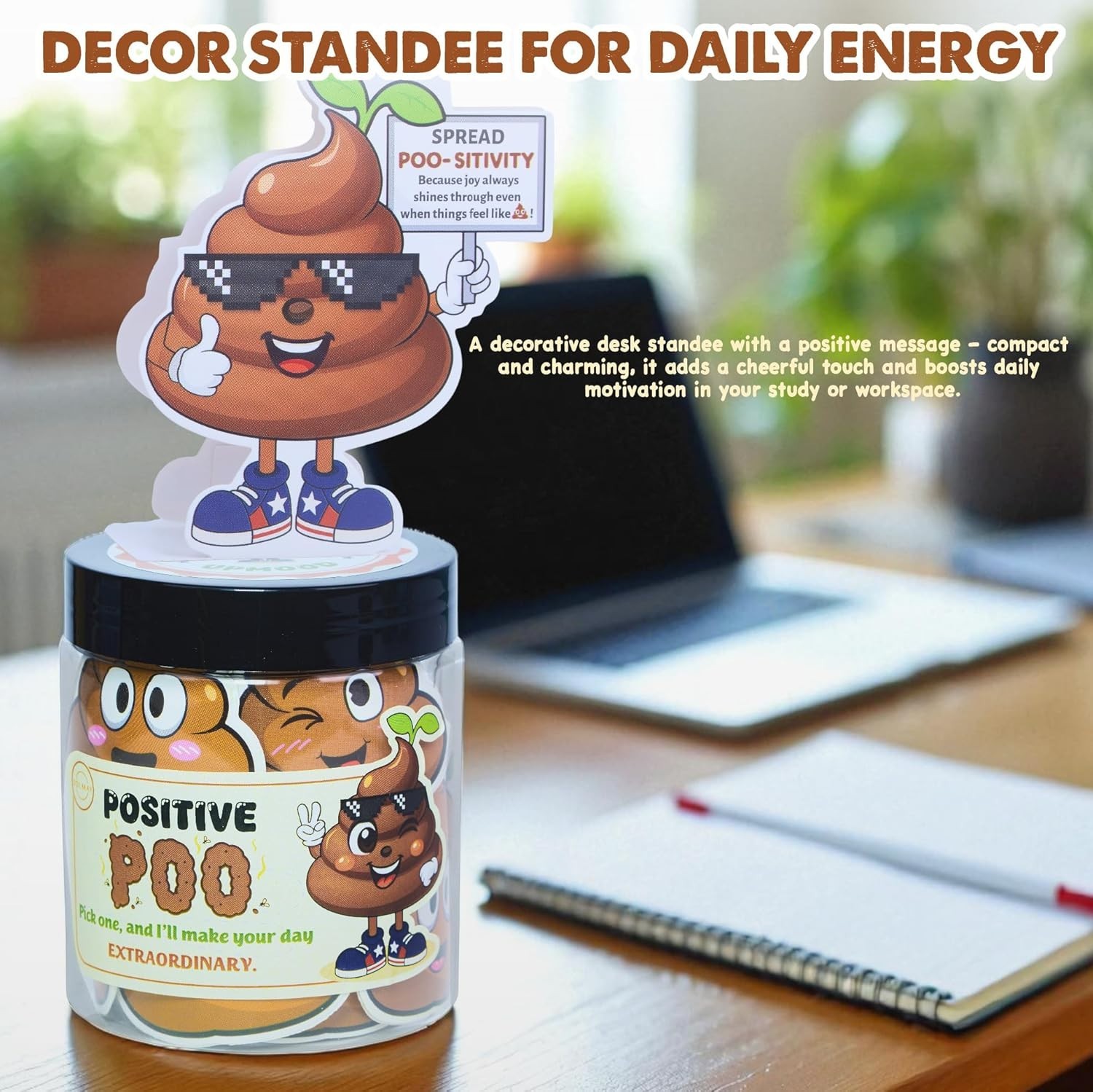 Positive Poo Jar with 60 Funny Stickers & Standee – Great Gag Gift for Coworkers