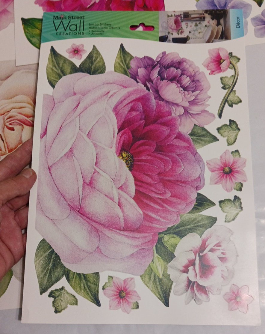 Wall Decal stickers Jumbo 10" Flowers. Rose + Pink. 6 sets Peel and stick floral