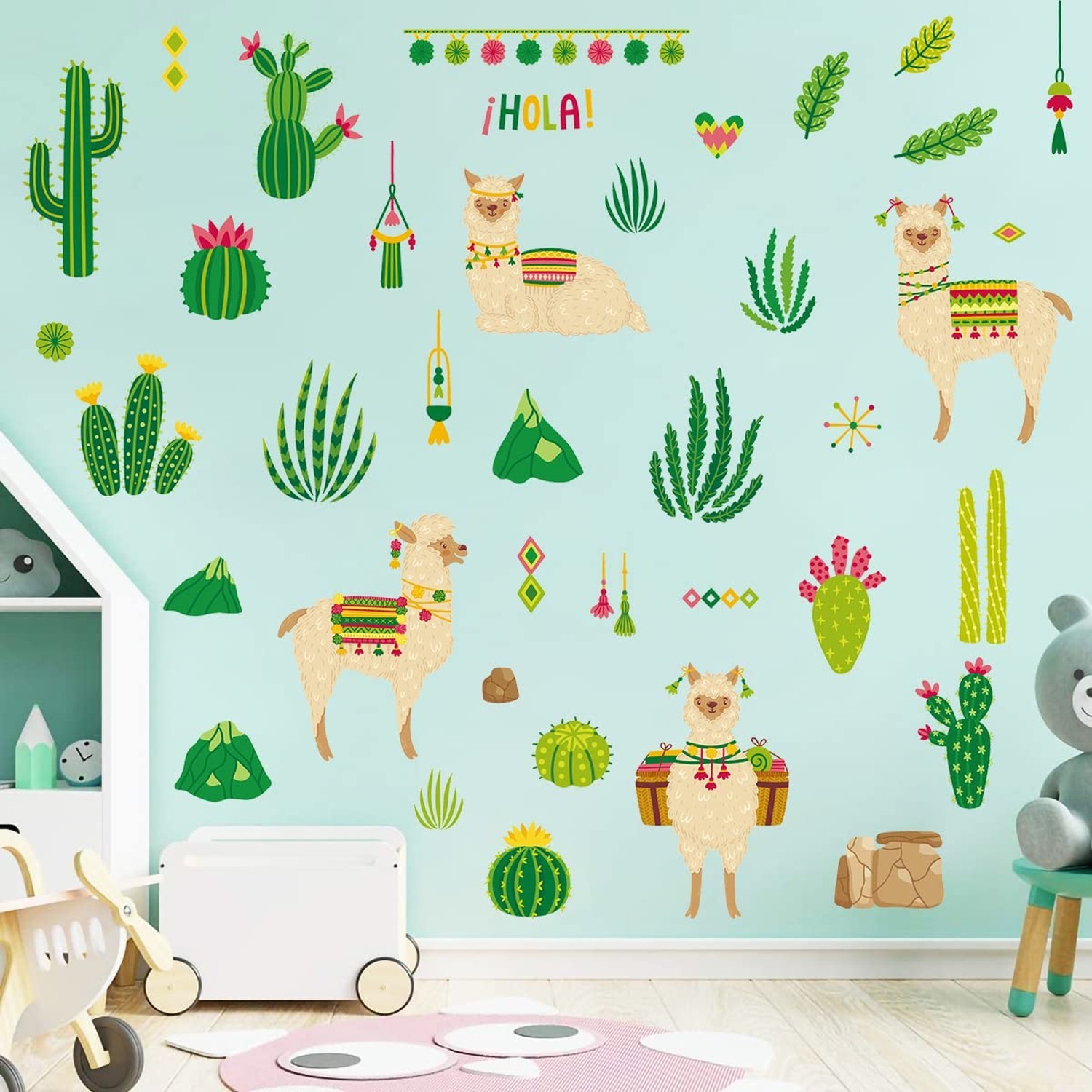 Colorful Alpaca Llama Wall Decal Stickers, DIY Desert Plants Cactus Leaves St…