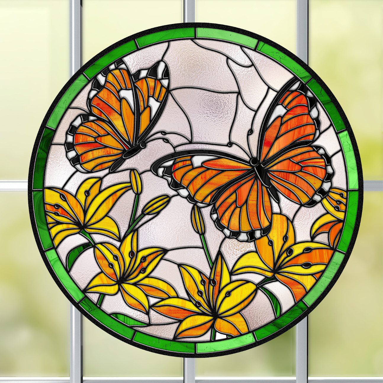 Monarch Butterflies Faux Stained-Glass WINDOW CLING Size 8" Round Vinyl