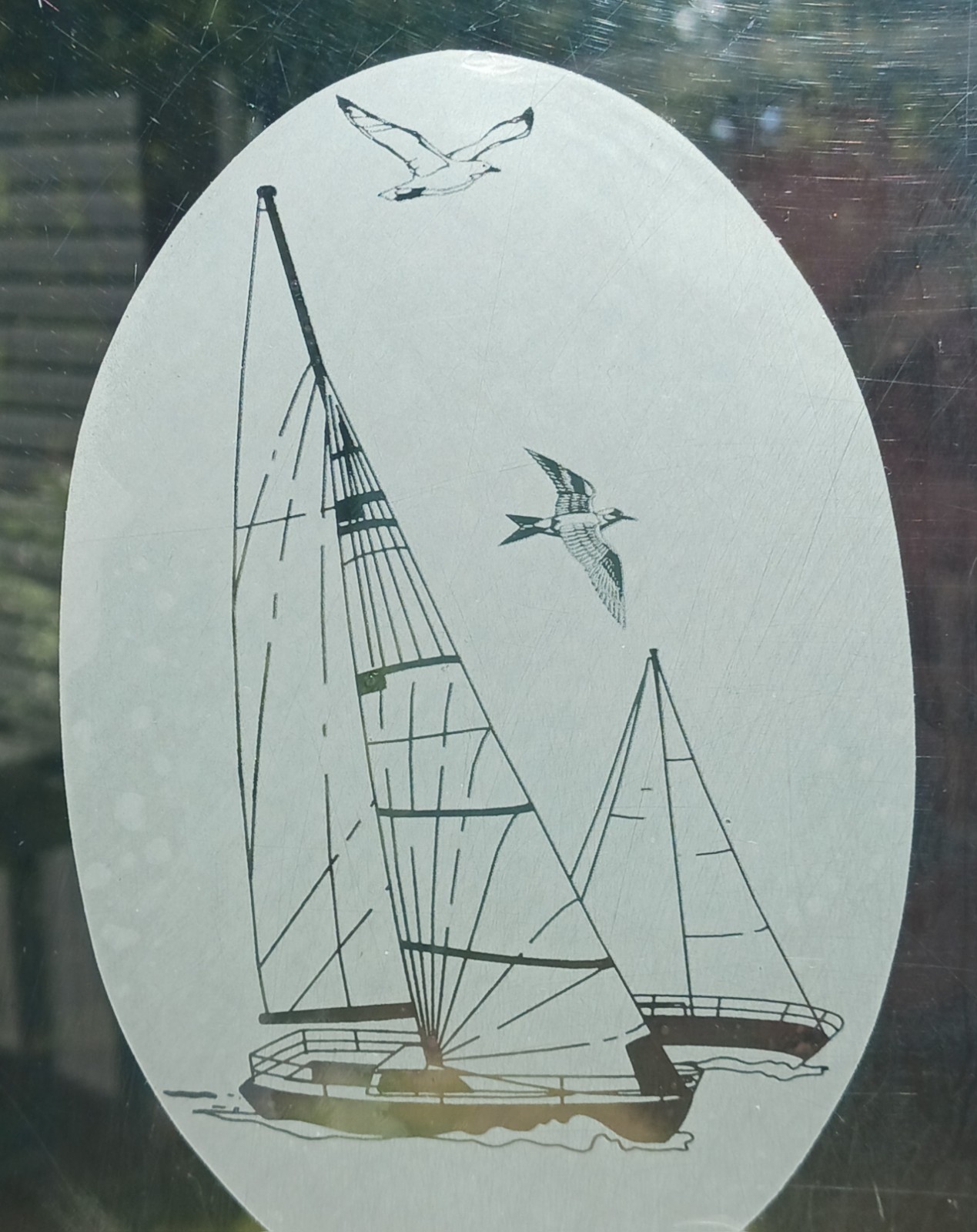 Sailboat Window Decal 4"x6" OVAL Etched Glass Look Cling Removable & Reusable 7