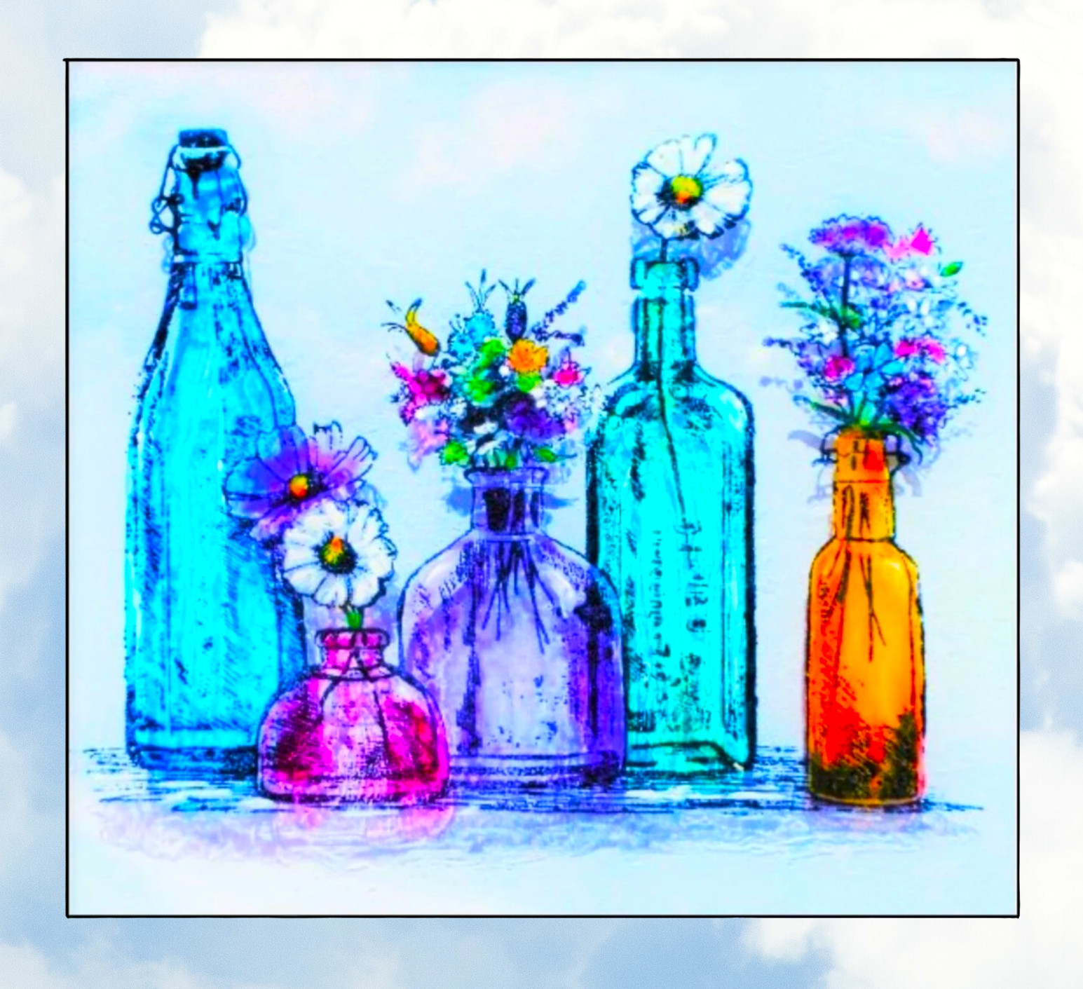 Wildflowers in Colorful Glass Bottles WINDOW CLING Size 9" Repositionable Vinyl