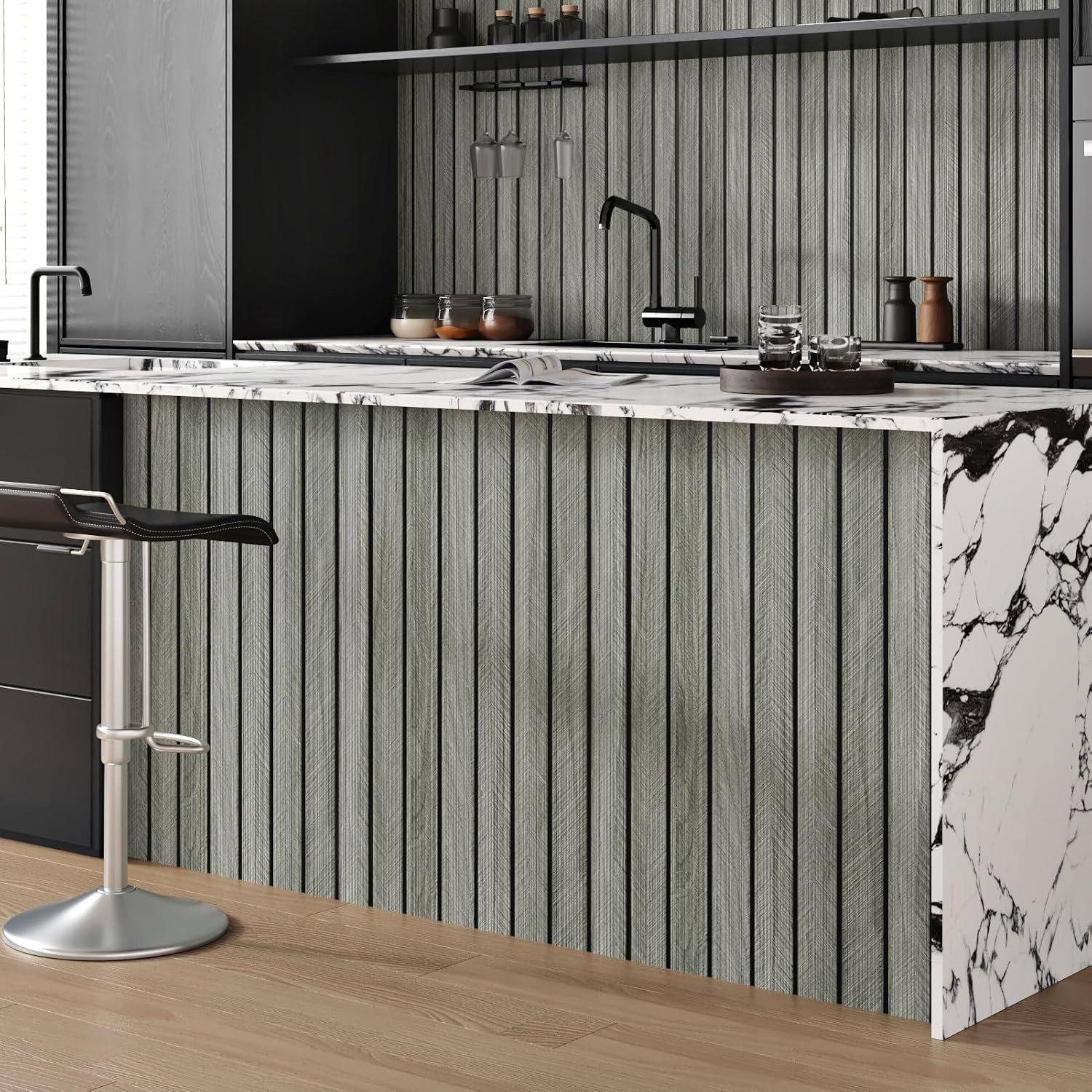 Grey Wood Wall Slat Panels Peel and Stick 3D Fluted Wood Panels for Interior Wal
