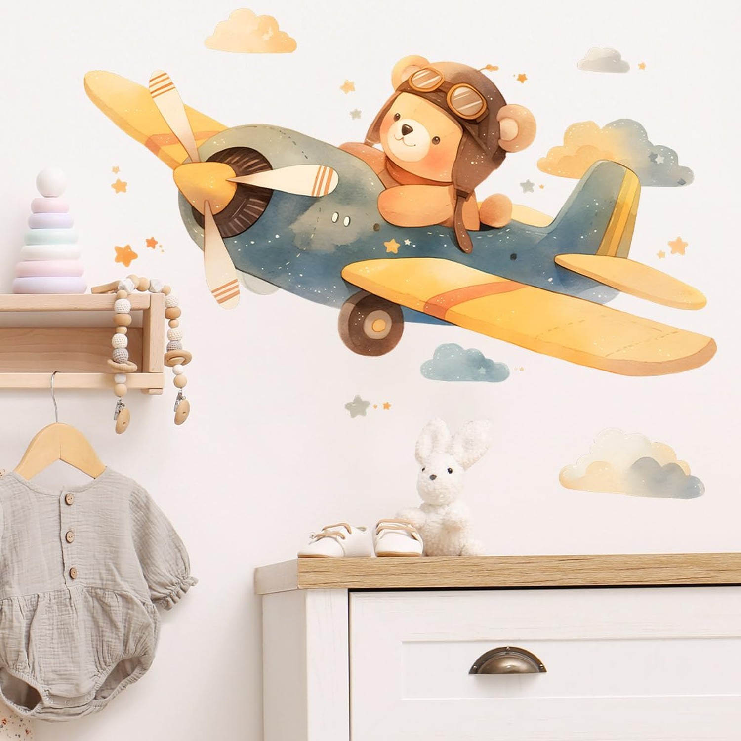 Cartoon Teddy Bear Pilot Wall Decals Removable Airplane Vinyl Stickers for Nu…