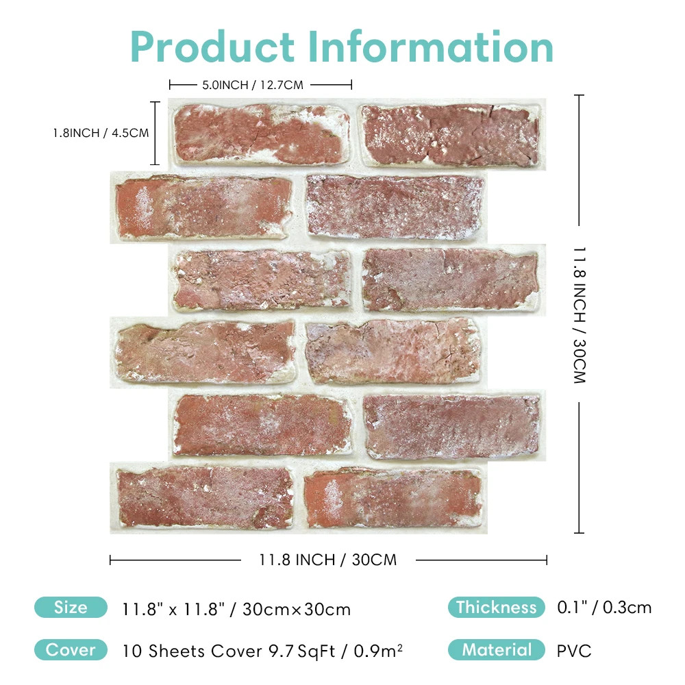 10 Pcs 3D Wall Panels Peel and Stick, 3D Brick Wall Stickers, Adhesive Tile Back