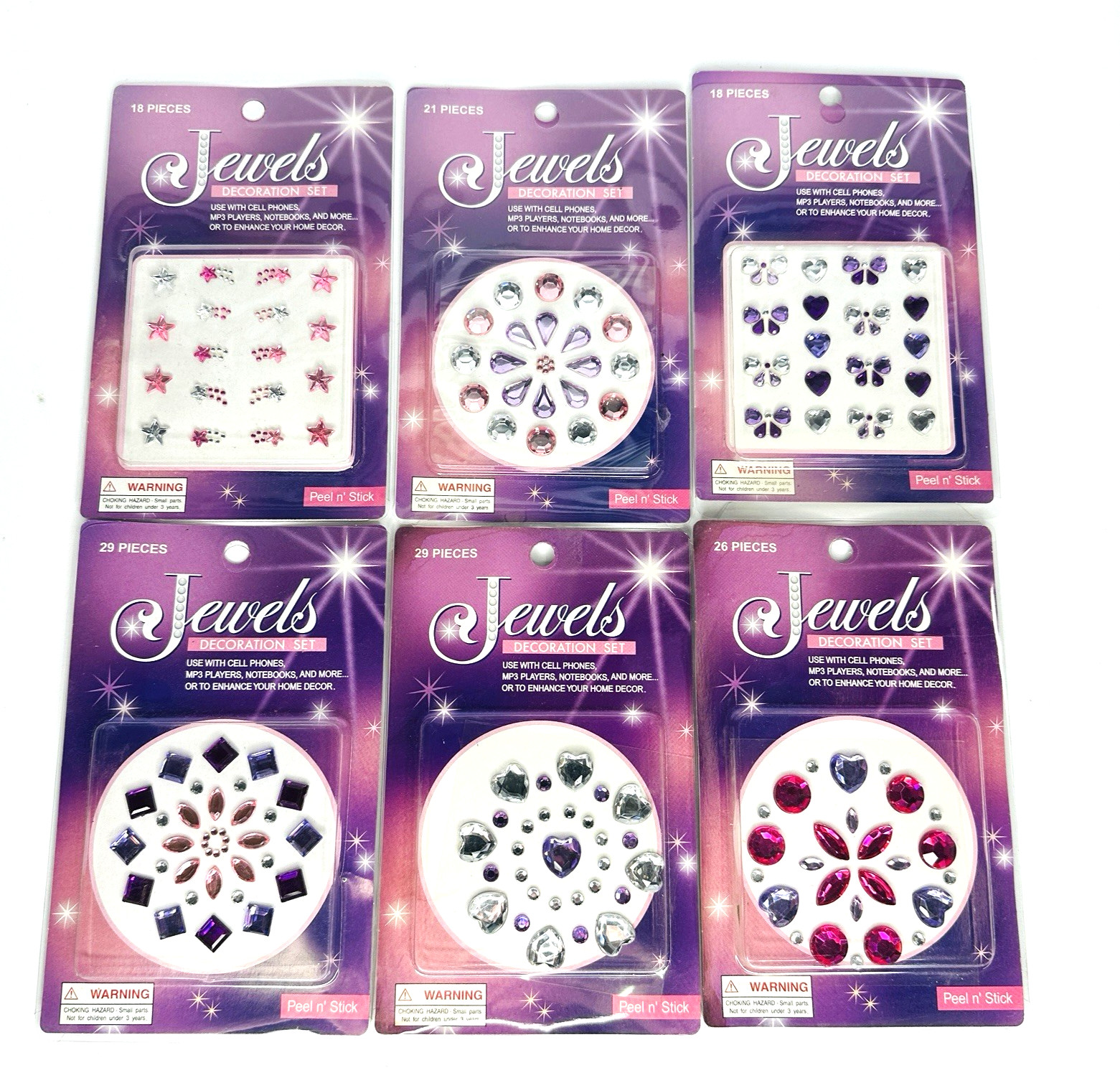 Jewels Decoration Set Lot of 6 Peel & Stick 3D Stars Rounds Hearts Tear Drops