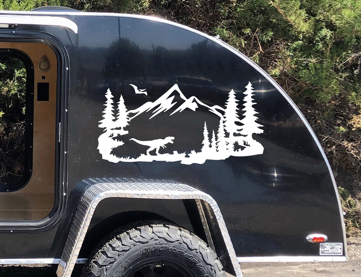T-Rex Mountains Scene Vinyl Decal V2 – Pterodactyl Dinosaur RV Travel Trailer