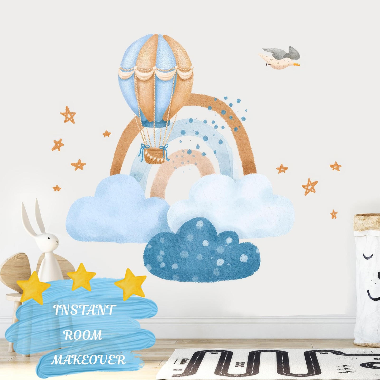Hot Air Balloon & Clouds Wall Decals – Peel and Stick Watercolor Rainbow Déc…