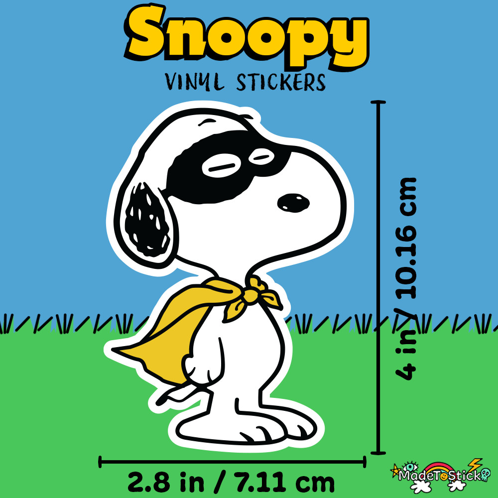 Peanuts Snoopy superhero with cape and mask, cute and colorful sticker 2.8" x 4"