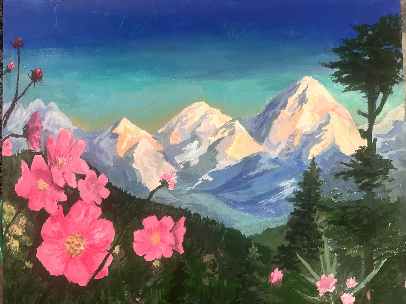 Original acrylic Painting Mountain Landscape Pink Flowers Handmade Decor