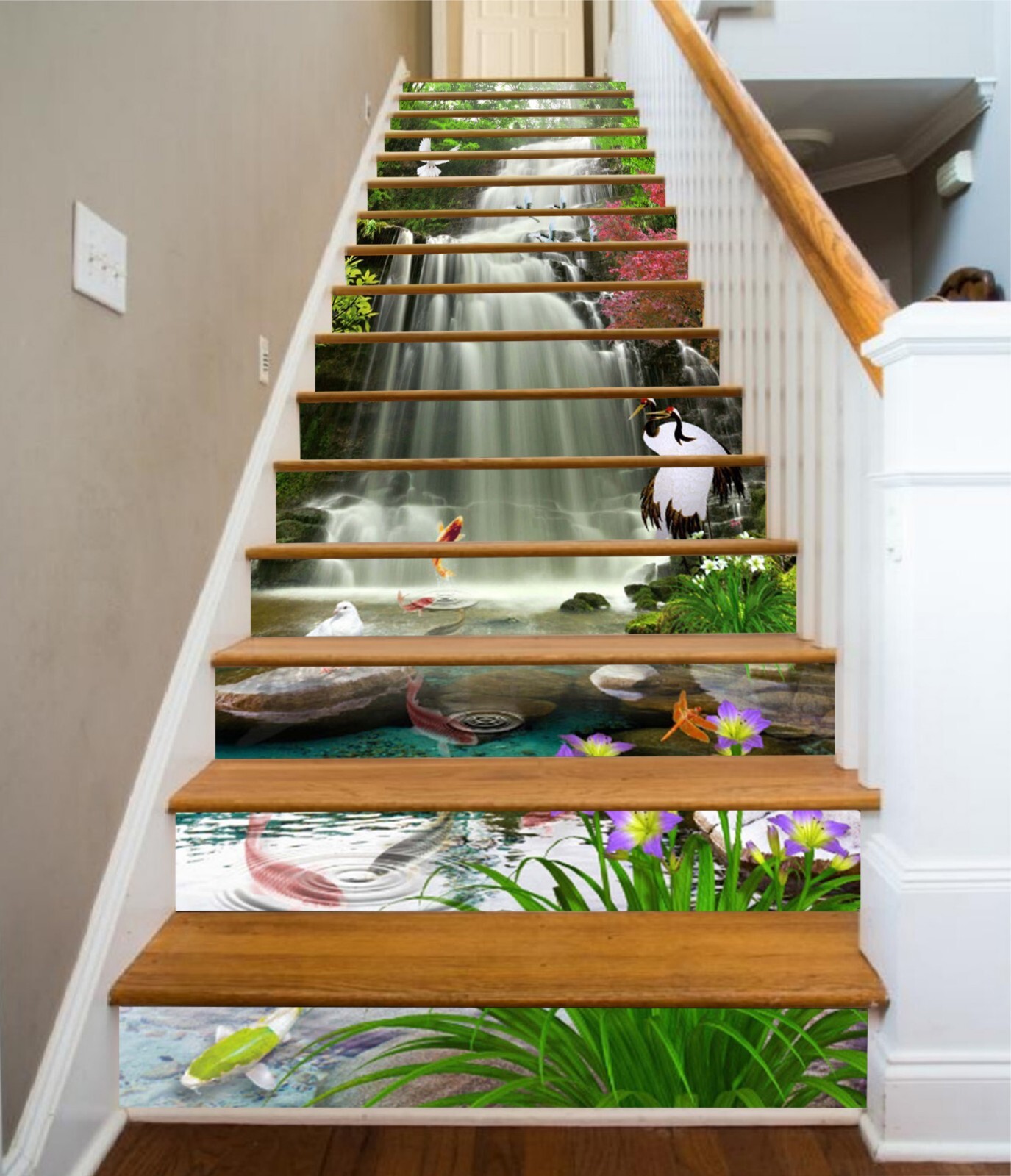 3D Waterfall Goldfish AZ951 Stair Risers Decoration Mural Vinyl Wallpaper Kay