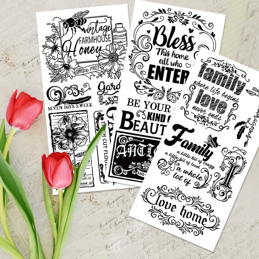 3 Sheet Vintage Word Rub on Transfers for Furniture Crafts Black Warm Vintage…