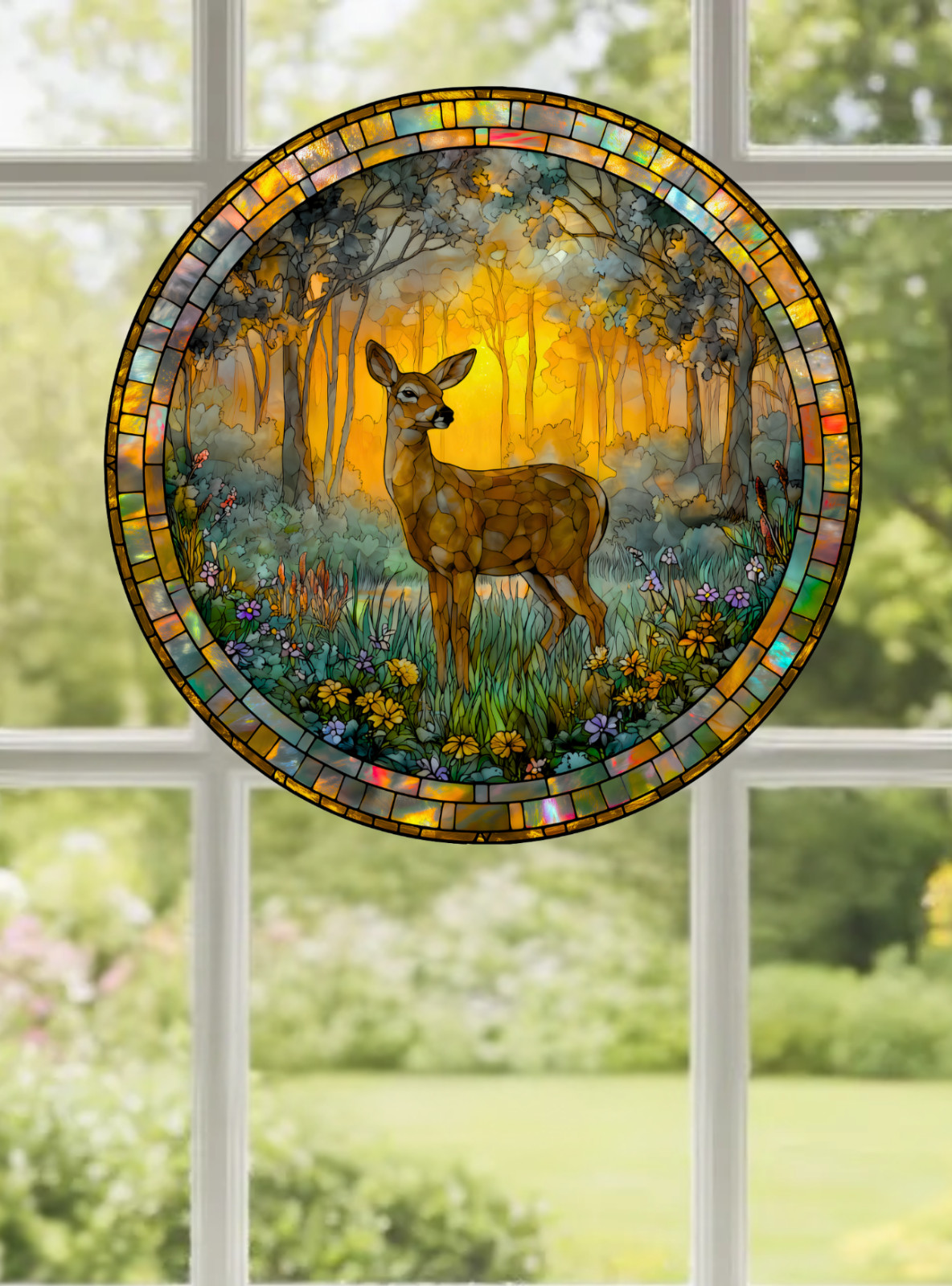 Deer Faux Stained-Glass WINDOW CLING Size 8" Round, Repositionable Vinyl