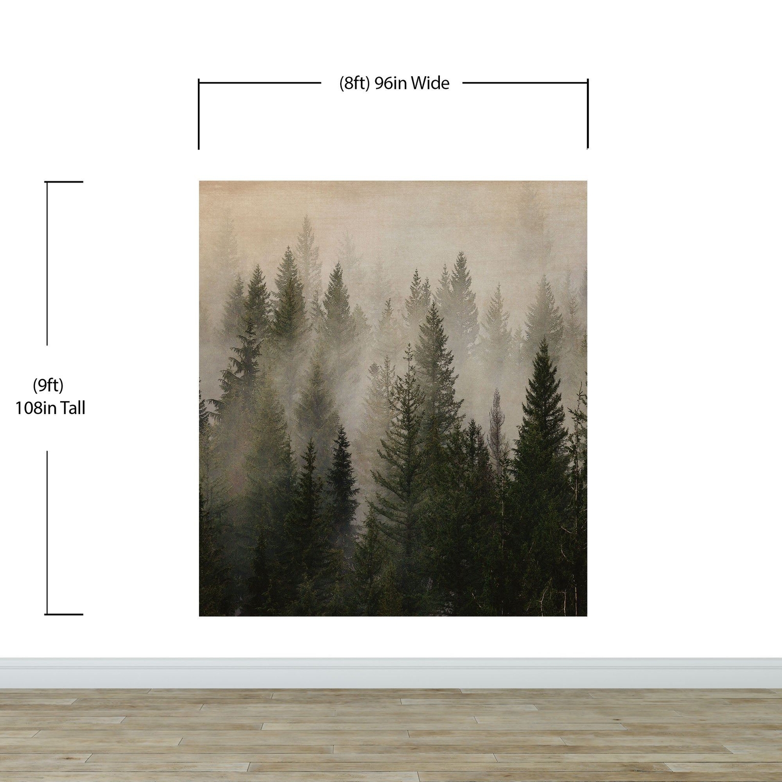 Misty Pine Tree Forest Landscape Wallpaper. Peel and Stick Wall Mural. Self Adhe