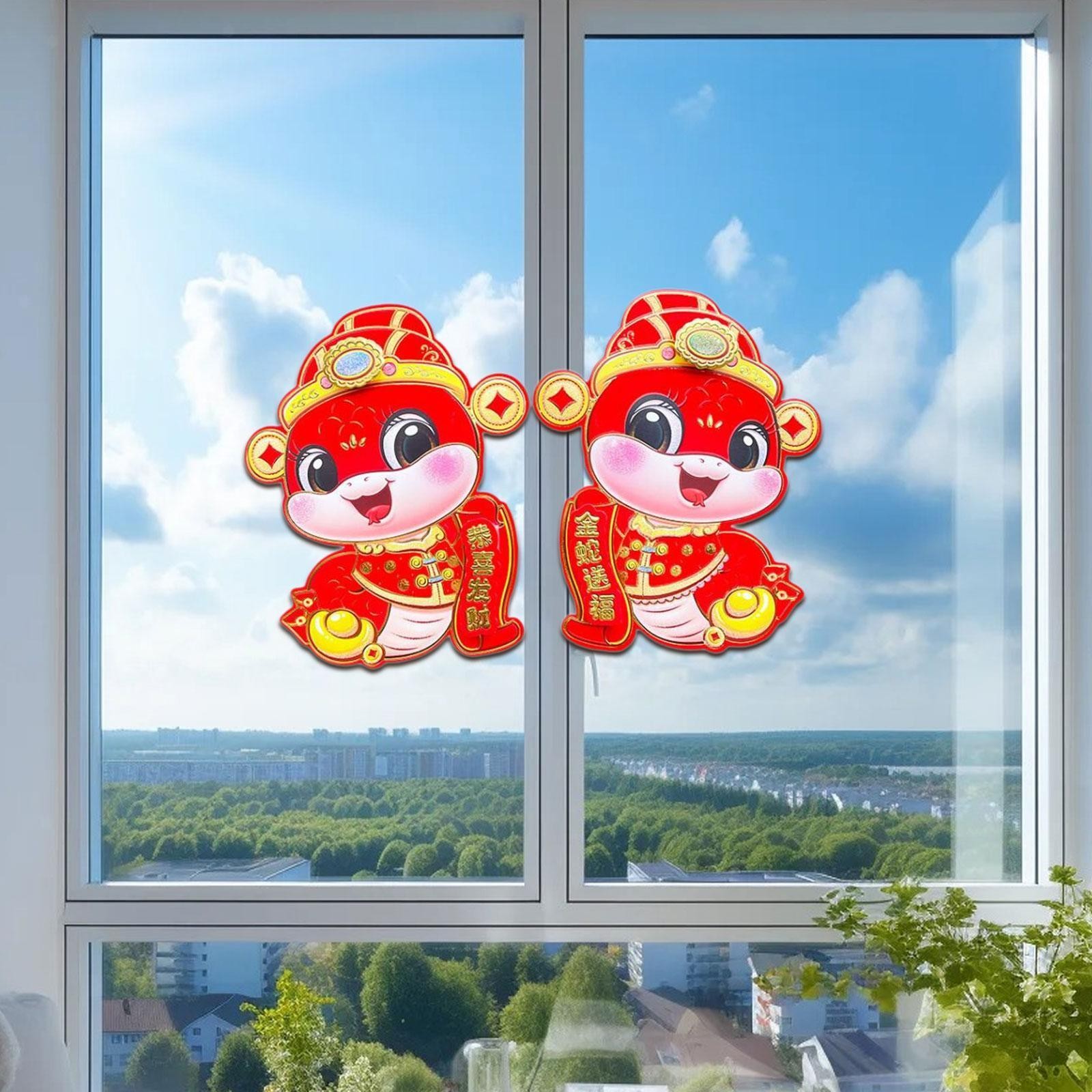 2Pcs Chinese New Year Door Stickers Snake Year Window Clings Scene Layout Home