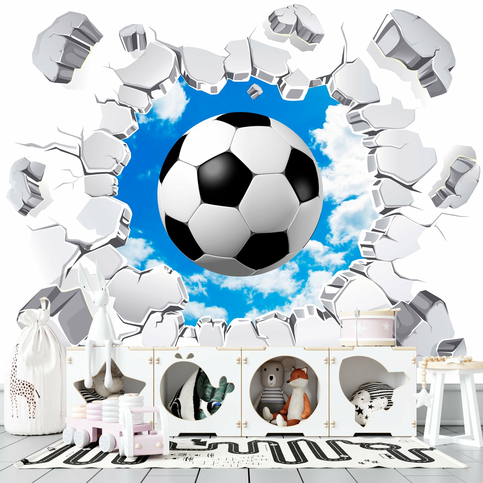 Soccer Ball Through A Brick Wall Wallpaper – Large Wall Mural – Self-adhesive