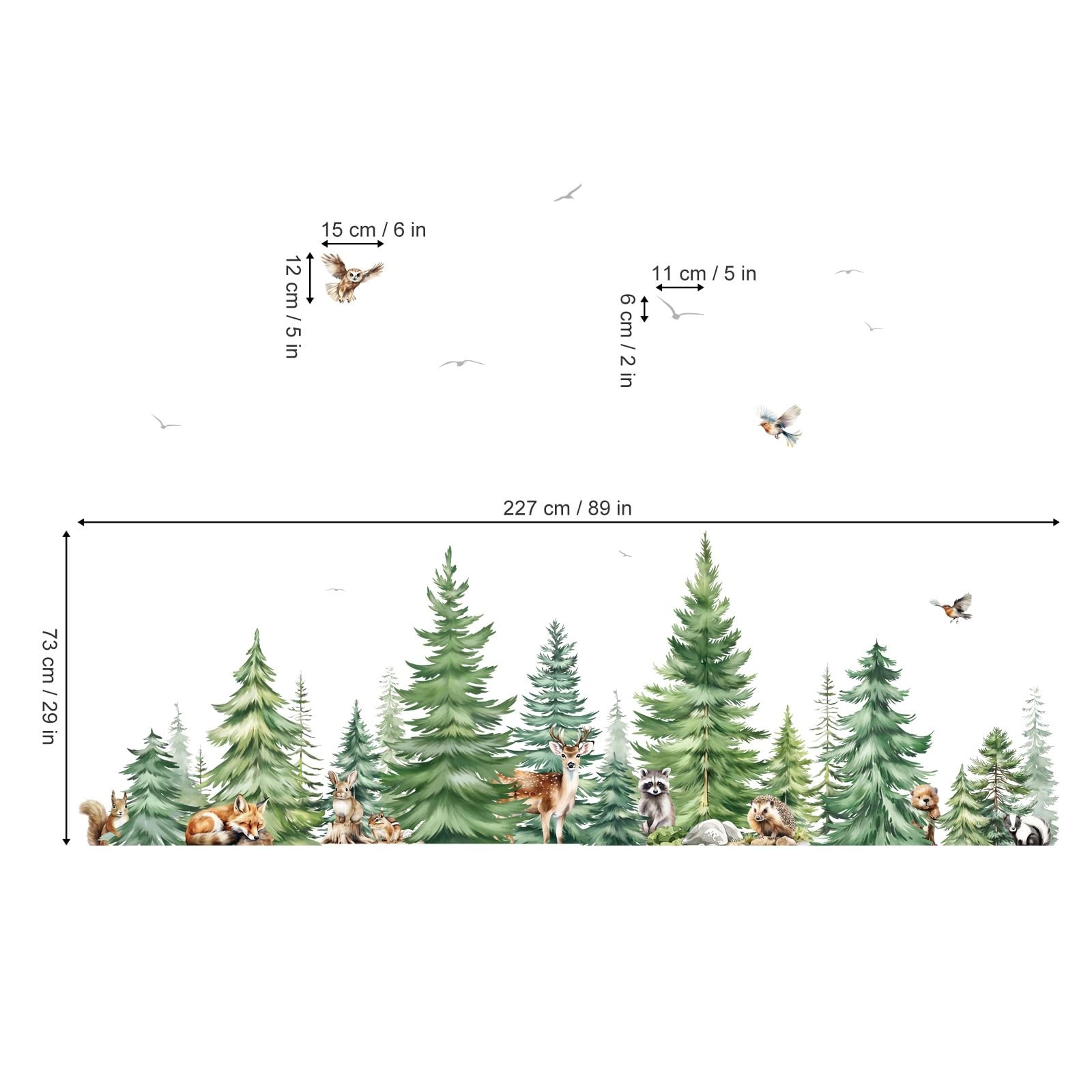 decalmile Large Watercolor Pine Tree Animals Wall Stickers Woodland Green