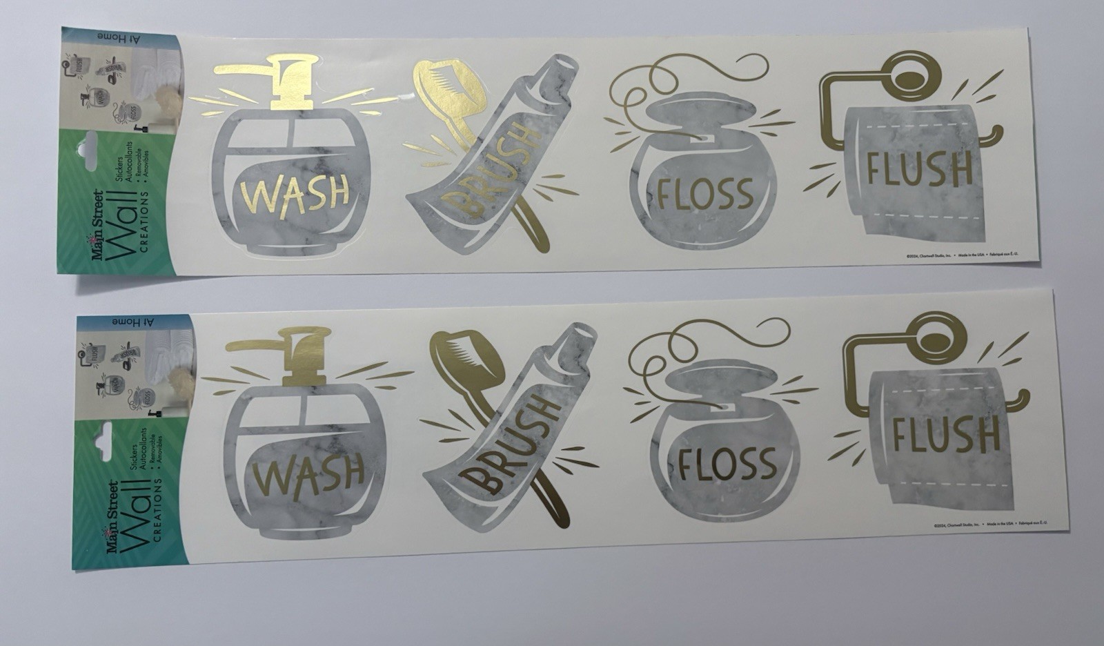 Bathroom Vinyl Stickers Gold Writing “Wash Brush Floss Flush” SET OF 2 BRAND NEW